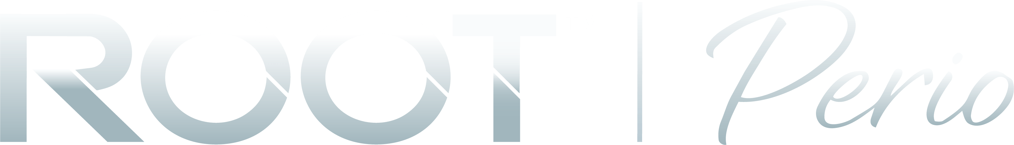 Brand logo with bold uppercase 'ROOT' in a silver gradient, a small TM mark, and the cursive word 'Perio' to the right.
